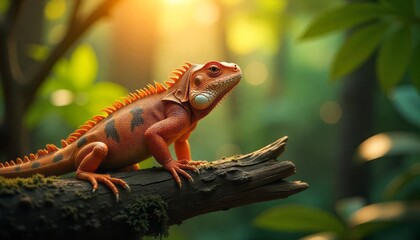 Naklejka premium Orange Iguana on Branch in Forest
