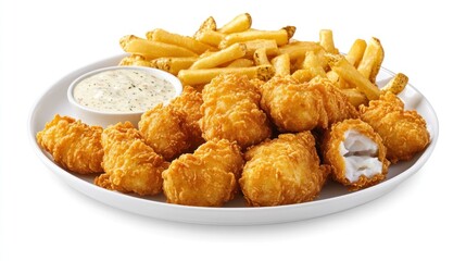Crispy fish nuggets, fries, and sauce. Food platter