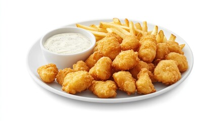 Crispy fried fish bites, fries, and sauce. Food platter. Restaurant meal