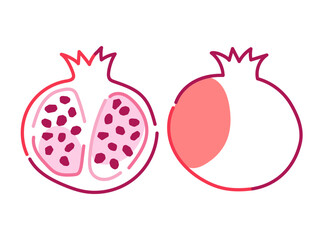 Whole and sliced red pomegranate vector illustration. Healthy food and fruit concept.