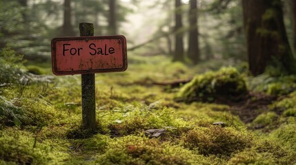 Rustic wooden signpost proclaiming woodland property for sale.