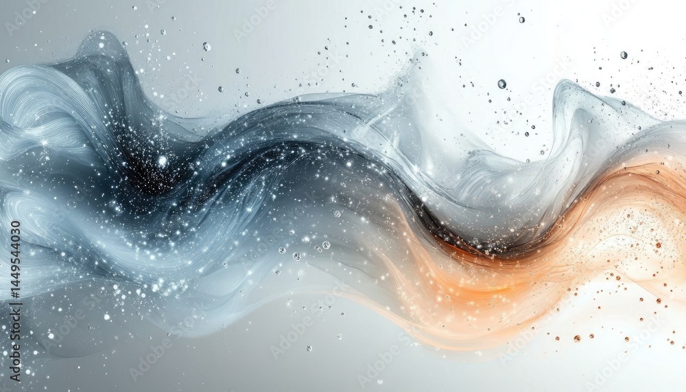 Poster abstract swirls with droplets and sparkly particles on grey gradient. use this graphic for backgroun