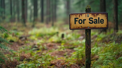 Rustic wooden sign indicates woodland property for sale.