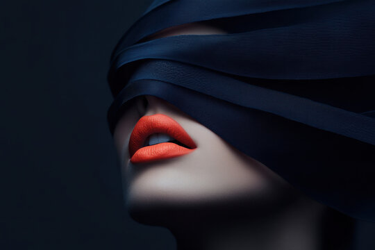 Woman with orange lipstick wearing a blindfold made of black ribbon