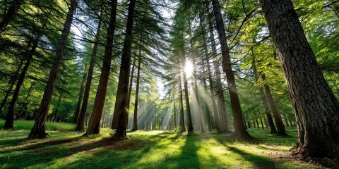 Sunbeams through a lush forest canopy, natural light, tranquil scene