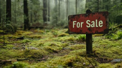 Rustic woodland property sign indicates available land for purchase.