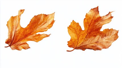 Fototapeta premium Two dried, autumnal leaves against a white background