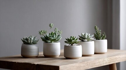 Echeveria succulents in minimal white pots placed on a wooden surface