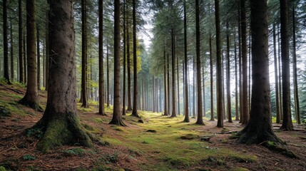Fototapeta premium Sunlight filtering through a dense forest of tall pine trees on a hill. Possible use nature photography, wallpaper, screensaver