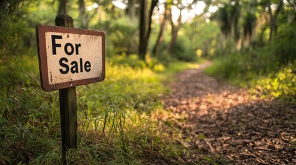 Wooden sign indicating property for sale in a wooded area.