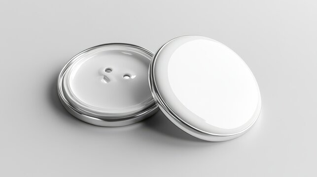 A white plastic metal pin badge button mockup is displayed isolated on a light background. - Powered by Adobe