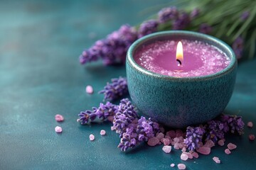 A lit purple candle sits near lavender on a blue surface. Use to illustrate calmness, self-care, or aromatherapy concepts.