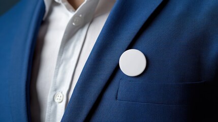 Close-up of a person wearing a blank white round badge on a blue suit, ideal for branding, identification, or promotional purposes.