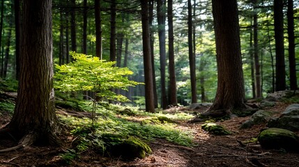 Fototapeta premium Sunlight filtering through trees in a forest, highlighting a young sapling, nature scene, ideal for backgrounds, wallpaper