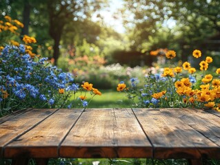 Fototapeta premium A rustic wood table overlooks a lush garden with flowers, trees, and sunlight. Ideal for product mockups, outdoor events, or nature-themed advertisements.