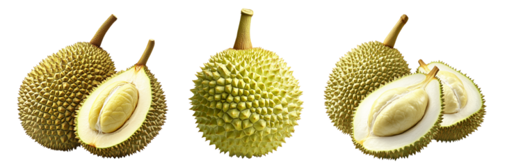 Set of whole durian and one cut open showing creamy flesh isolated on white transparent background, exotic fruit concept.
