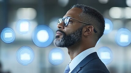 Pensive Businessman Contemplating Future Innovations with Abstract Interface