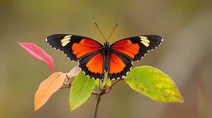 Fototapeta premium Vibrant Orange Butterfly on Autumn Leaves Closeup