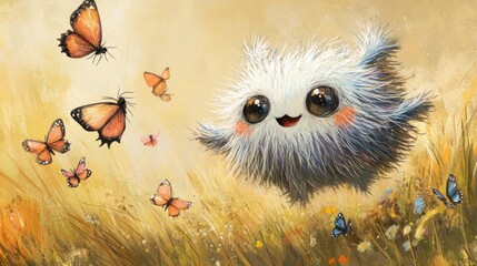 Fototapeta premium Fluffy Creature's Joyful Flight Amidst Butterflies