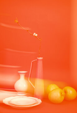 Still life composition featuring a glass jug, fruit, and a branch with