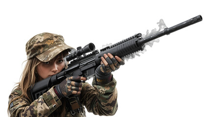 Fototapeta premium Girl in camouflage with gun. Isolated on white.