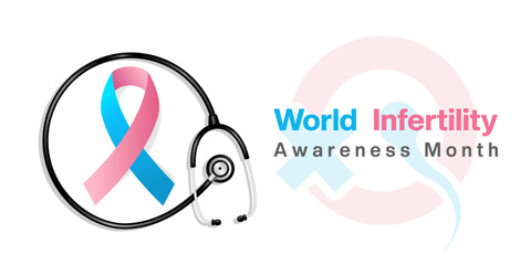 June Is World Infertility Awareness Month. Ribbon, stethoscope and more. Suitable for posters, banners, social media and more. White background.