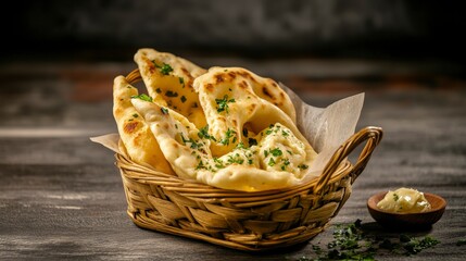Golden Crispy Naan Bread in a Basket, Perfect Indian Flatbread