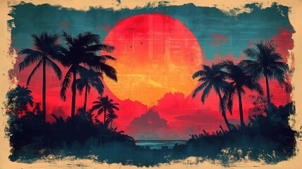 Obraz premium Tropical island paradise sunset with silhouette palm trees and vintage frame