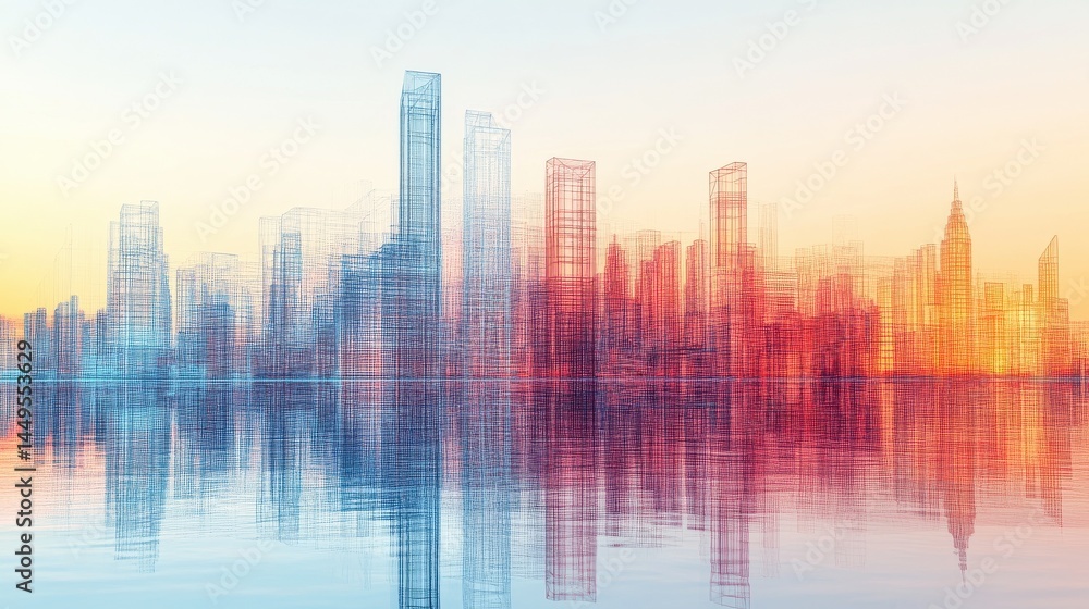 Poster a futuristic cityscape rendered in digital wireframes, showcasing the integration of building inform