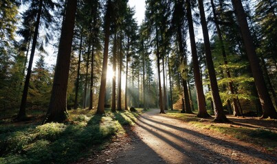 Obraz premium Sunlight streams through autumn forest, pathway through trees, nature scene, tranquil atmosphere, perfect for use in desktop backgrounds or nature-themed publications
