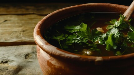 Rustic Clay Pot Soup with Fresh Herbs - A Hearty and Aromatic Dish