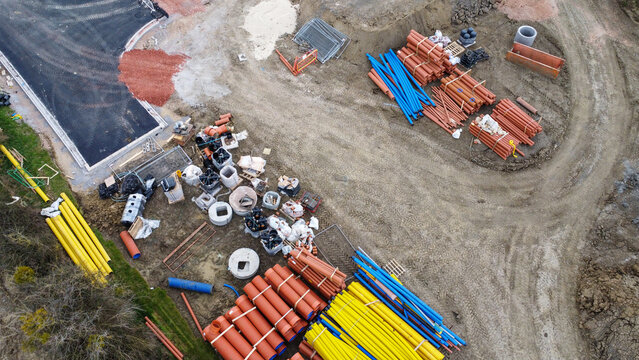 Drone view of construction material for house building