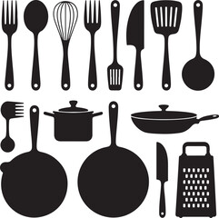 Black Kitchen Utensil Silhouettes Clipart – Fork, Spoon, Whisk, Spatula & Cooking Tools Vector Set

