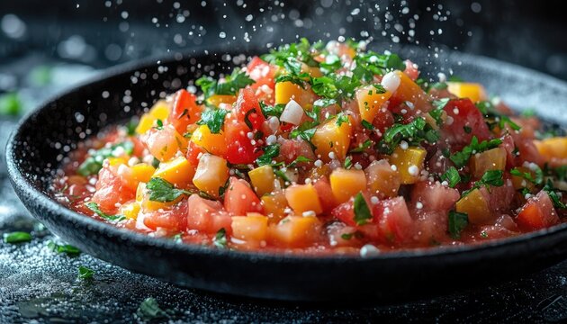 Fresh summer salad with diced tomatoes, mango and herbs in a dark bowl. Ideal for culinary blogs or promoting healthy food.