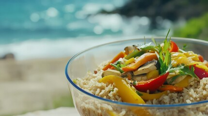 Vibrant Vegetable Rice Bowl by the Seaside