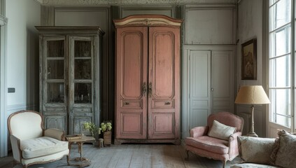 A serene room filled with antique furniture in muted tones, featuring a distressed, rose-painted armoire and cabinetry. Light, airy feel with pale walls, wooden floors, and comfortable seating