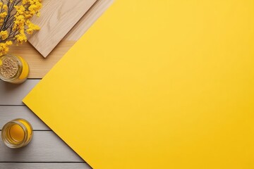 Flat lay design with yellow backdrop and wooden accents