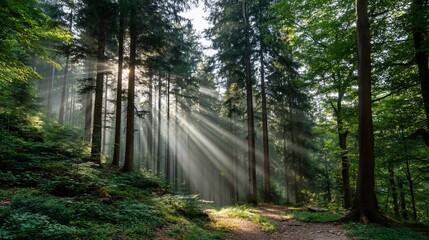 Fototapeta premium Sunlight streams through misty forest, illuminating path, peaceful woodland scene, suitable for nature, tranquility, or environmental themes
