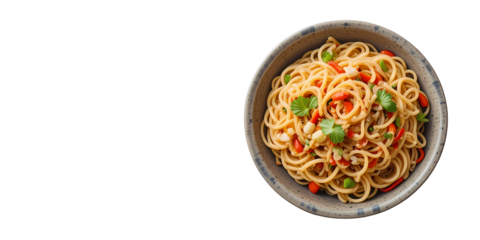Stylized food blog image of Hakka noodles with text overlay space and pastel background.