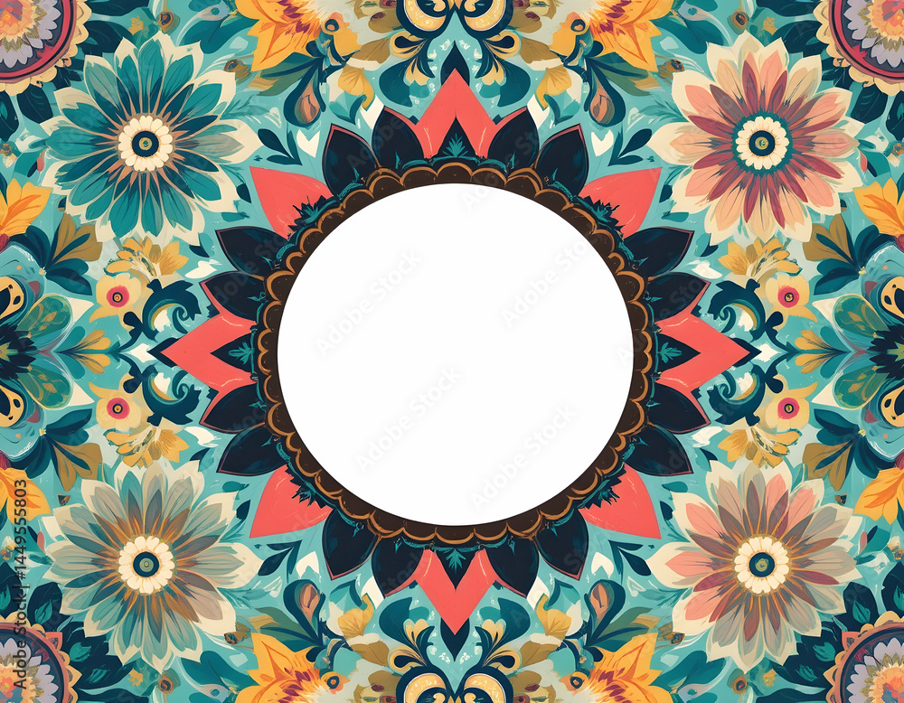 Poster floral pattern frame with white circle for text or image overlay