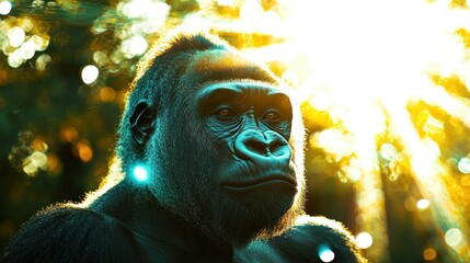 Obraz premium Radiant Gorilla Gaze: A Portrait of Strength in Sunlit Wilderness