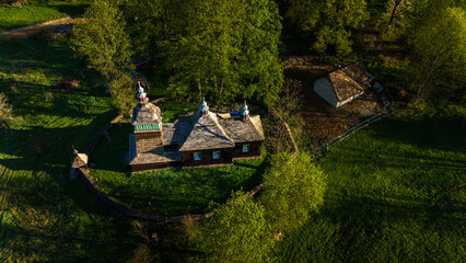 Aerial drone view of St. Cosmas and Damian Orthodox Church, Bartne, Poland