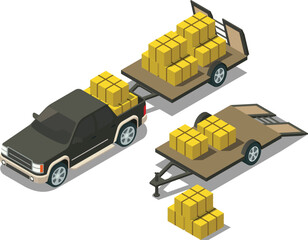 Isometric pickup truck with attached trailer carrying hay © kabutlazuardi