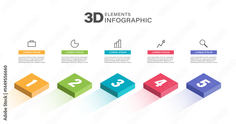 Poster 3d vector infographic template. square blocks in isometric. 5 steps infographics with icons and data