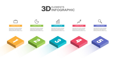 3D Vector Infographic Template. Square Blocks in Isometric. 5 Steps Infographics with Icons and Data