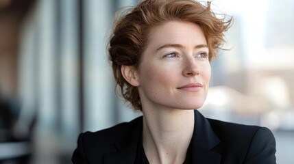 Fototapeta premium Portrait of a Woman with Red Hair, Thoughtful Expression, Looking to the Side