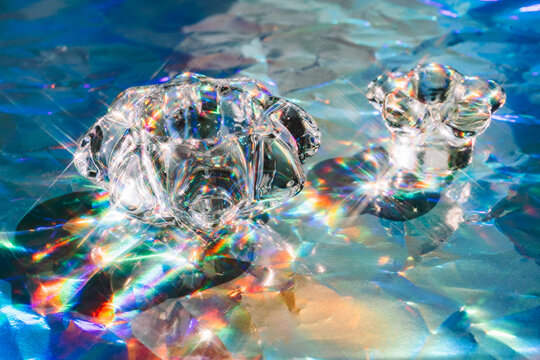 Crystal vases reflecting light on colorful backdrop