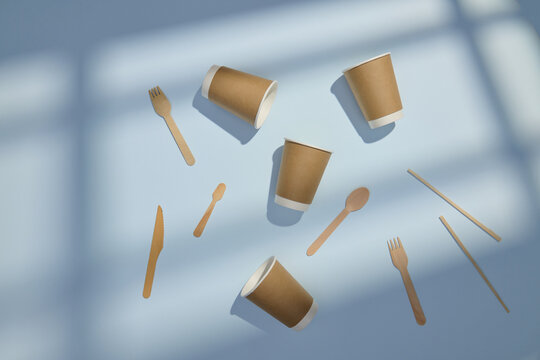 Sustainable wooden cutlery and compostable paper cups