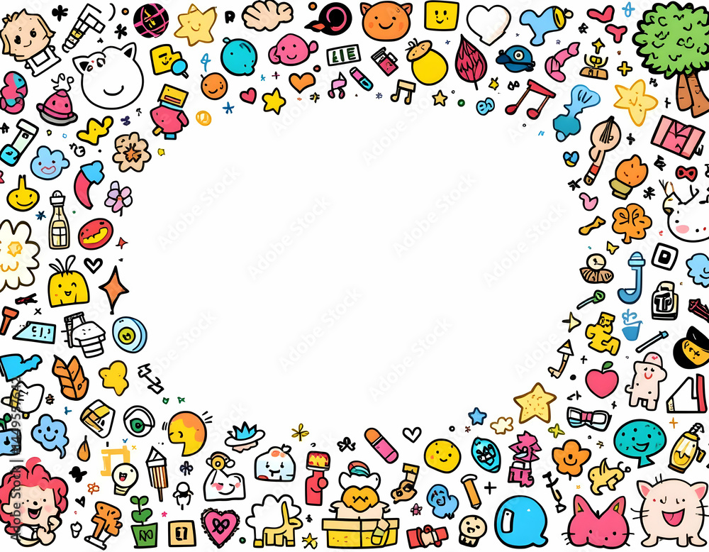 Poster fun doodle border with assorted cute objects and white space