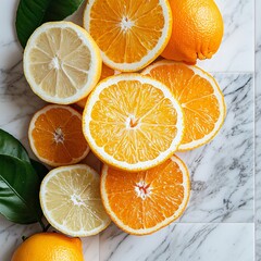 Fototapeta premium Realistic scene with only the top portion featuring citrus fruits, surrounded by open white space, with realistic highlights, dewy texture and subtle greenery for balance
